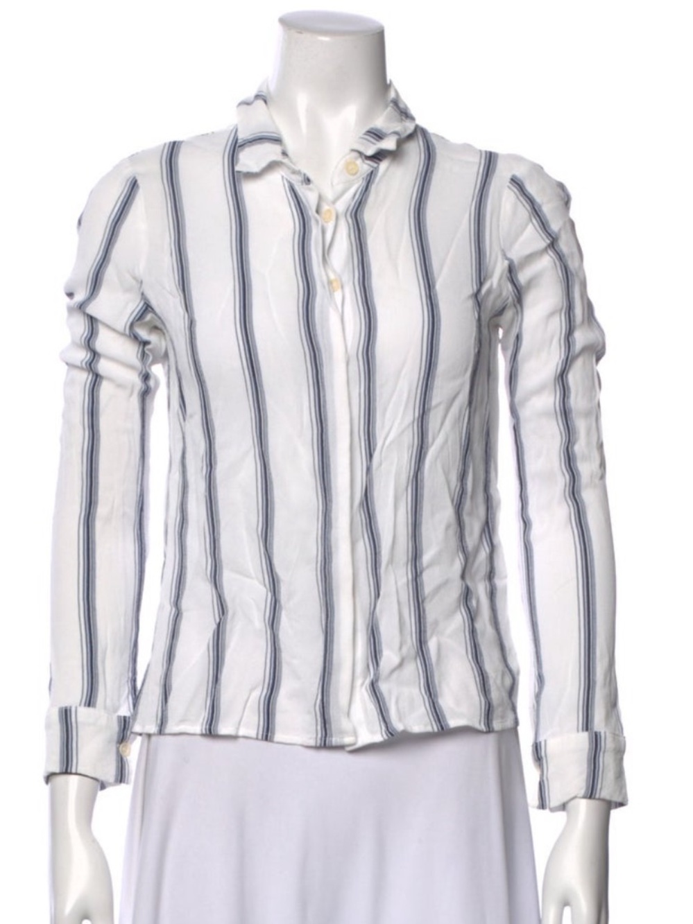Reformation White Button-Down Shirt with Blue Vertical Stripes